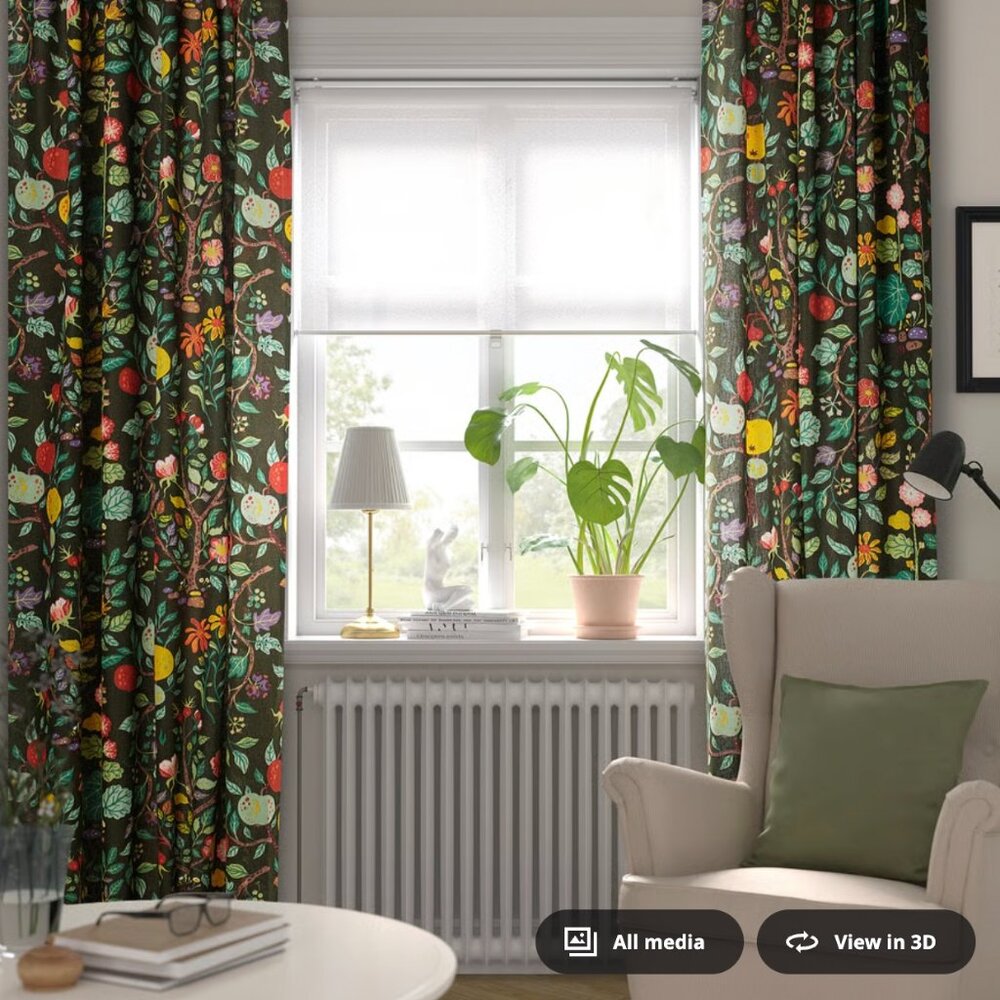 IKEA Vildpersilja curtains, 2 sets (4 panels) black-green floral/fruit, 57x98"